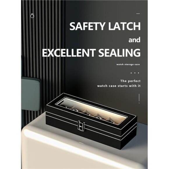 Black Leather Watch Display Box Organizer Case with Glass Lid 6 Slot Storage - Picture 5 of 7